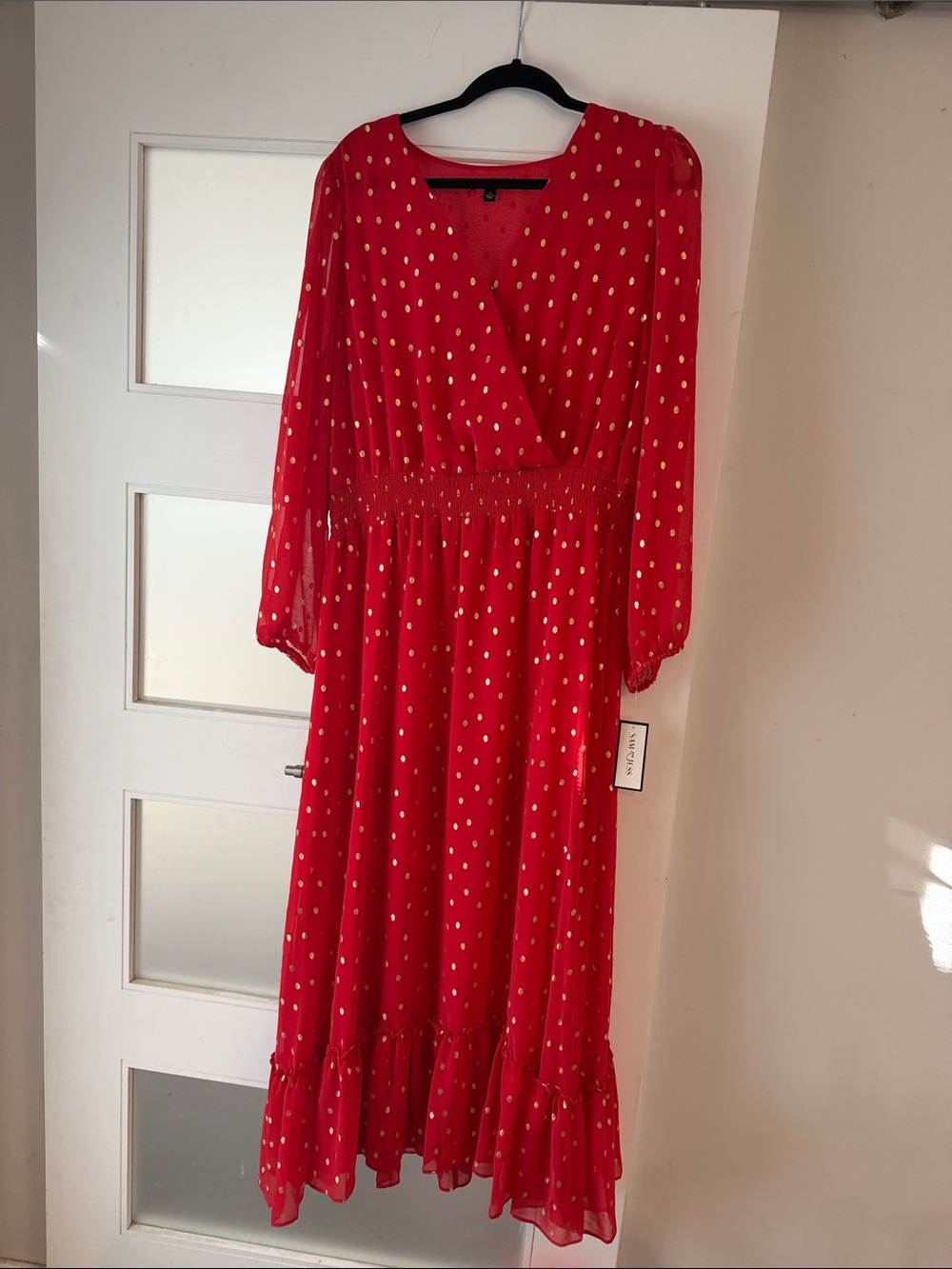 Red Maxi Dress with Gold Dot Print and Smocked Waist